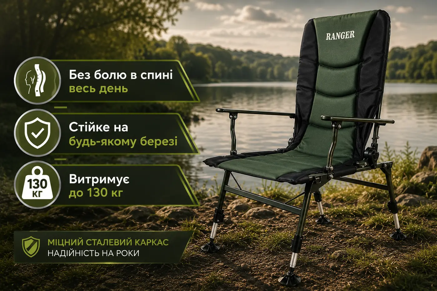 Карпове розкладне крісло на березі річки